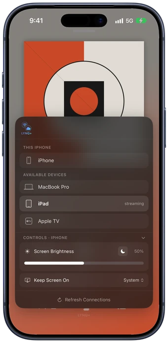 Lysoniq on iPhone — choosing the streamer from Now Playing