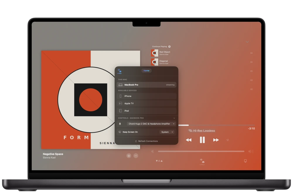 Lysoniq on Mac — choosing the streamer from Now Playing