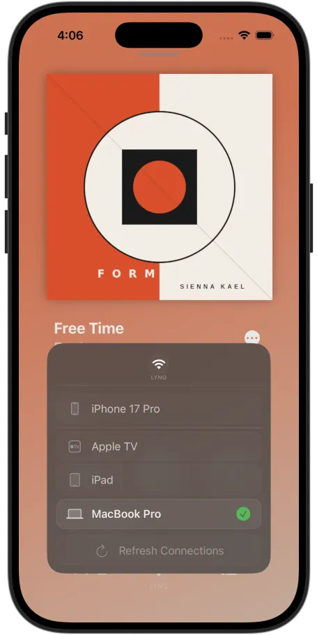 Lysoniq LYNQ devices screen — pick a device to set as the source