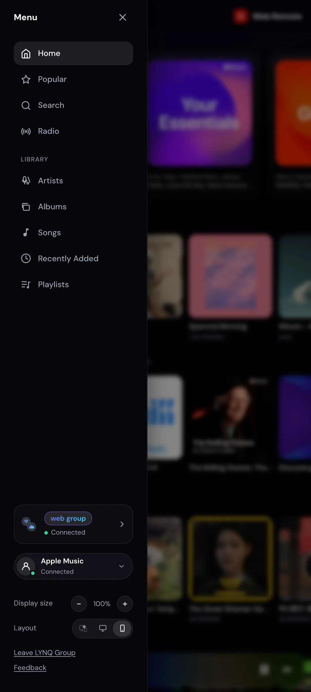 Web Remote Home screen on a phone showing the menu of views