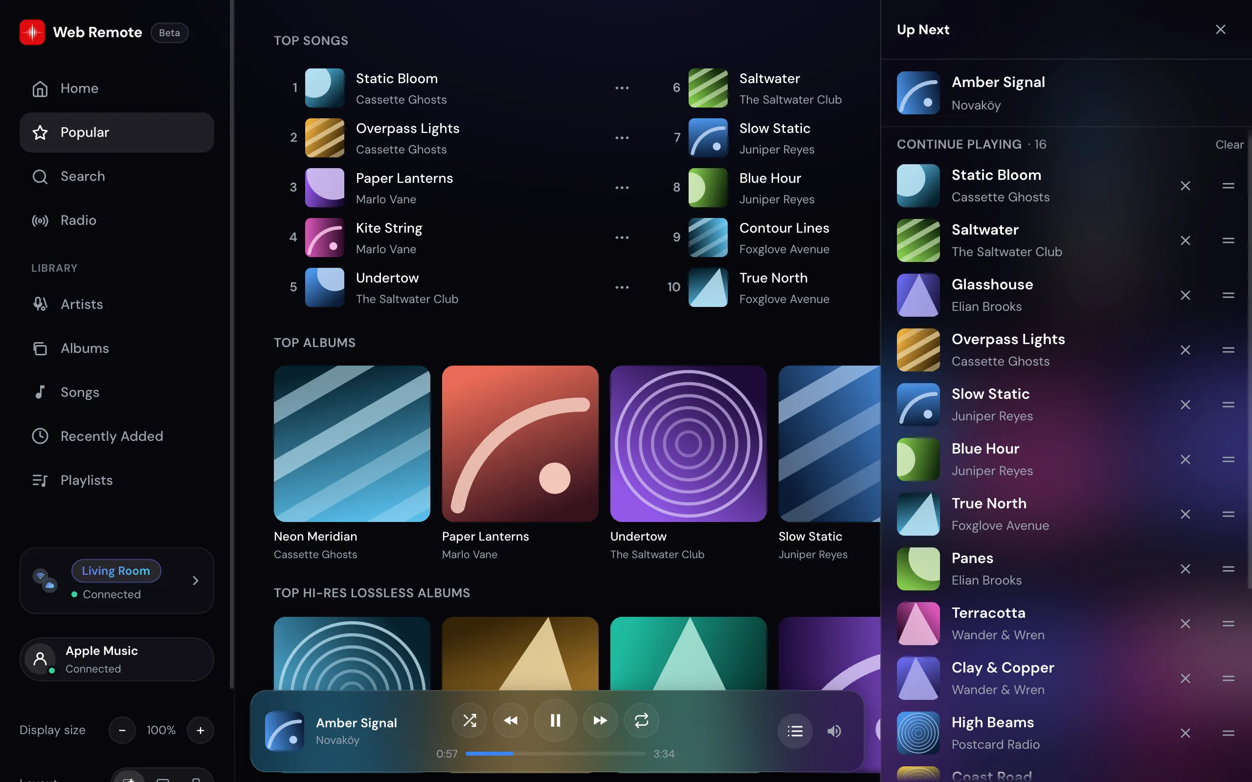 The Web Remote Popular charts on an Android tablet